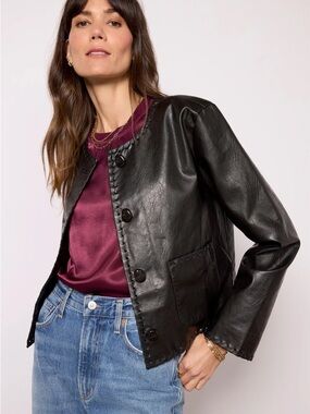 Rails Nevin Black Whipstitch Faux Leather Jacket Size XS Missing Buttons